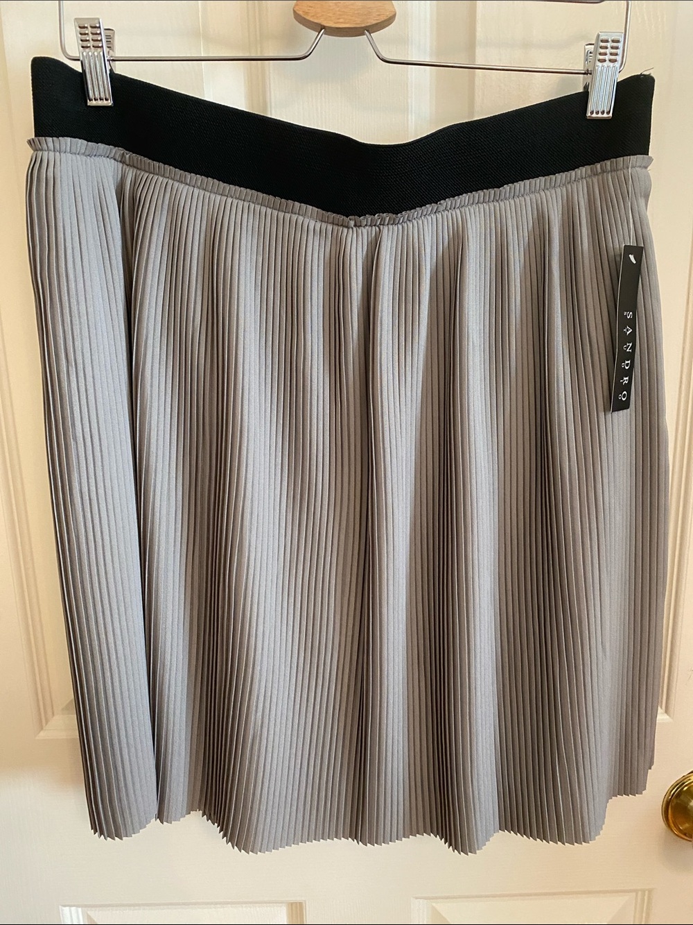 NWT Sandro Gray Pleated Skirt with Black Waistband